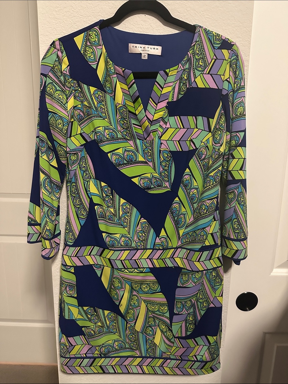 Trina Turk Navy, Lime & Lavender Geometric Paisley Midi Dress Size 2 (S)